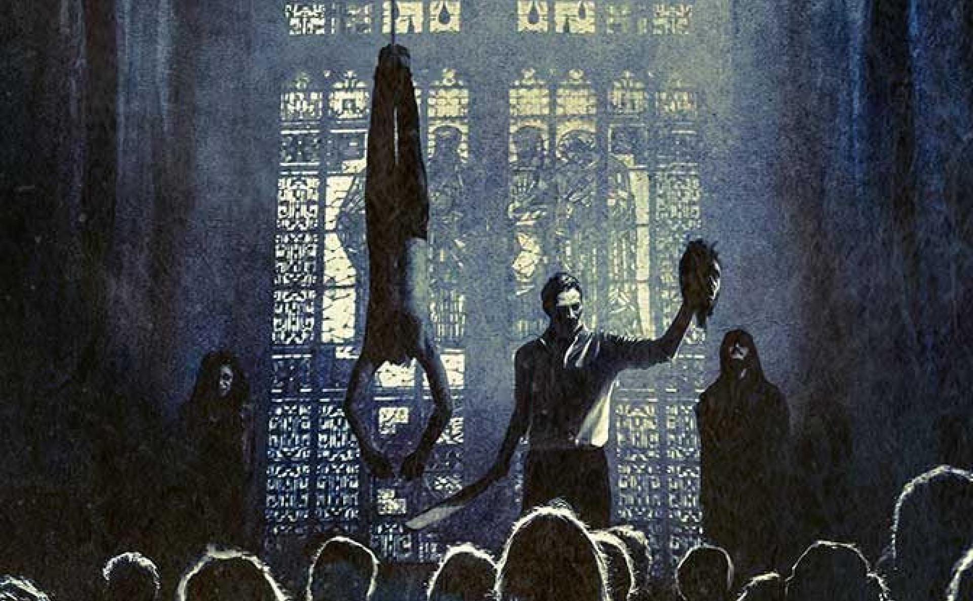 Group of people in a religious building looking at one man standing on higher ground, preaching. Body hanging next to him.