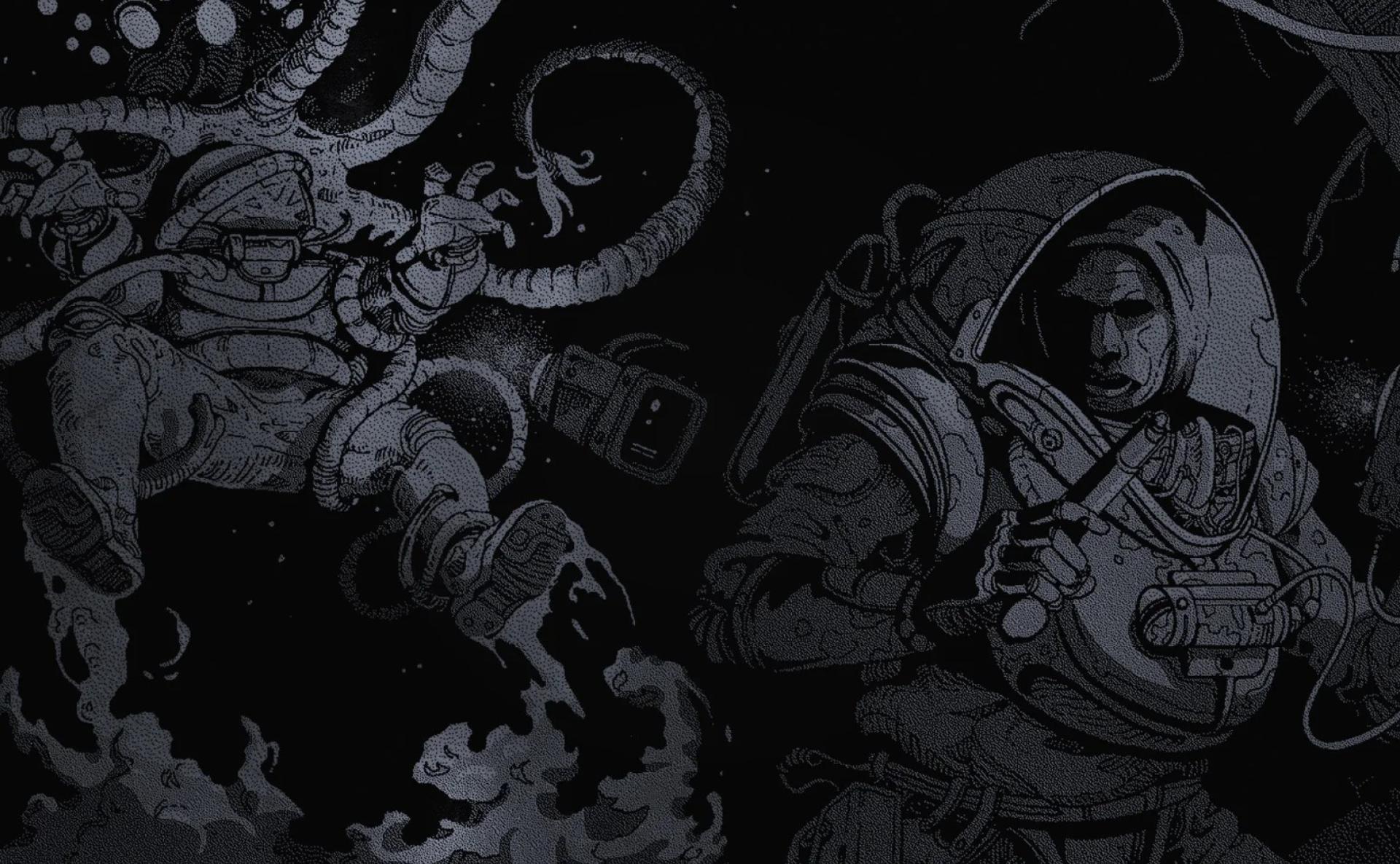 An astronaut is pulled by tentacles as another watches