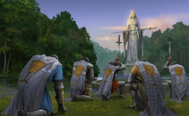 Grail knights kneeling to a statue of the Lady
