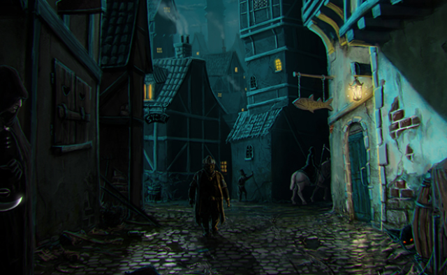 Man walking in fantasy alley, assassin with a dagger lying in wait