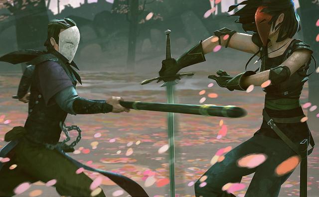 Two masked combatants engaged in melee combat, weapons clashing.