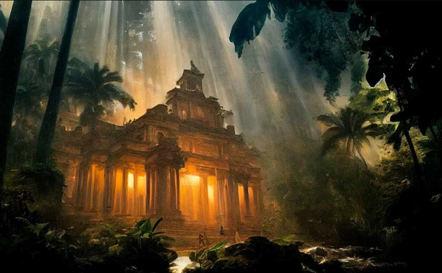a temple in a jungle, lit by the sun