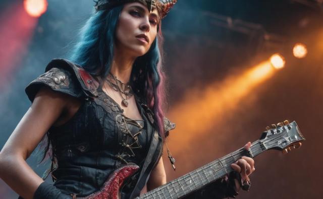 A woman wielding a guitar, adorned in heavy metal gear