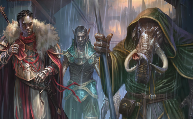 A human, an elf and loxodon on a street in a rainy Ravnica