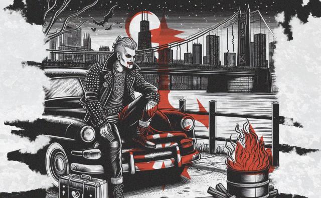vampire sitting on an old car, next to them a fire burning in a metal barrel, with silhouette of Chicago in the dark background