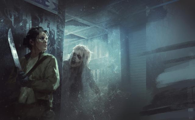 Survivor with a machete greeted by a zombie turning a corner