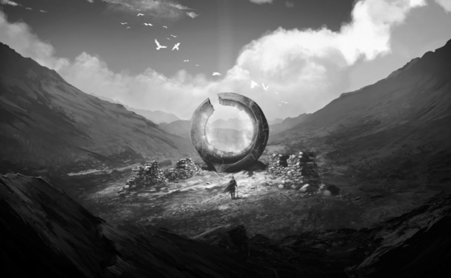 An image of a person heading towards a circular portal, positioned on a mountain